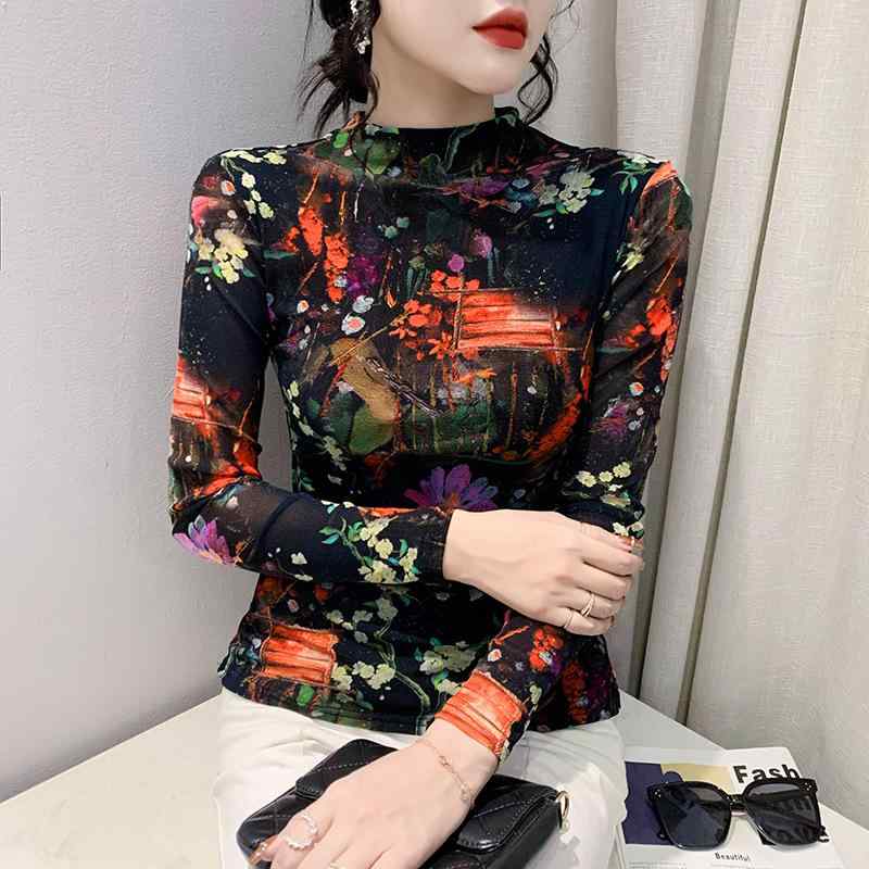 トップス レディース 長袖 網紗 インナー 春秋 修身 スリム 薄手 復古 韓風 Tシャツ 潮 3D 印花 ポリエステル ハイネック セットインスリーブ スリムフィット 快適 カジュアル デイリー 普段使い 軽量 吸湿速乾 ブラック ピンク系 アイボリー