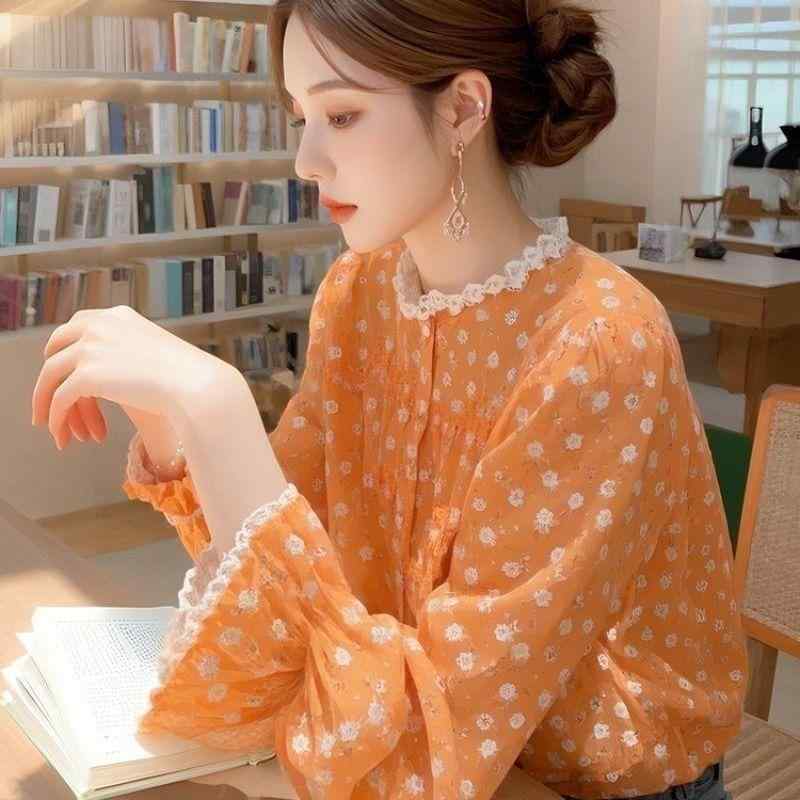 シャツ レディース 春夏 フレンチスタイル ダークオレンジ 花柄 トップス かわいい レース スタンドカラー ラッパ袖 ワイドシルエット ショート丈 ポリエステル インナー プルオーバー 甘め フレッシュ 花卉 プリント 長袖 ルーズフィット