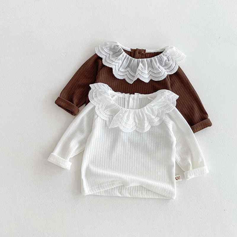 女児 トップス 女の子 ベビー 長袖 Tシャツ プリンセス レース 襟 綿 柔らかい 透気性 丸首 花辺 デザイン 純色 米白 カラーバリエーション 春秋 80-100cm 日常着 かわいい スタイル