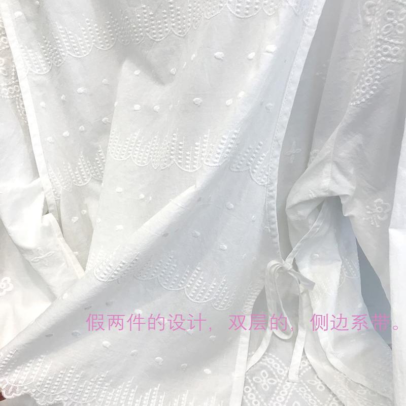 乐天商城 - レディース シャツ トップス 偽ツーピース デザイン 刺繍 花辺 下摆 サイド 紐 綿 純棉 長袖 秋冬 秋季 ワイド ルーズ フィット スタンドカラー クラシック 袖 単列 ボタン ホワイト アイボリー ブラック 純色 シンプル コットン 素材 95%
