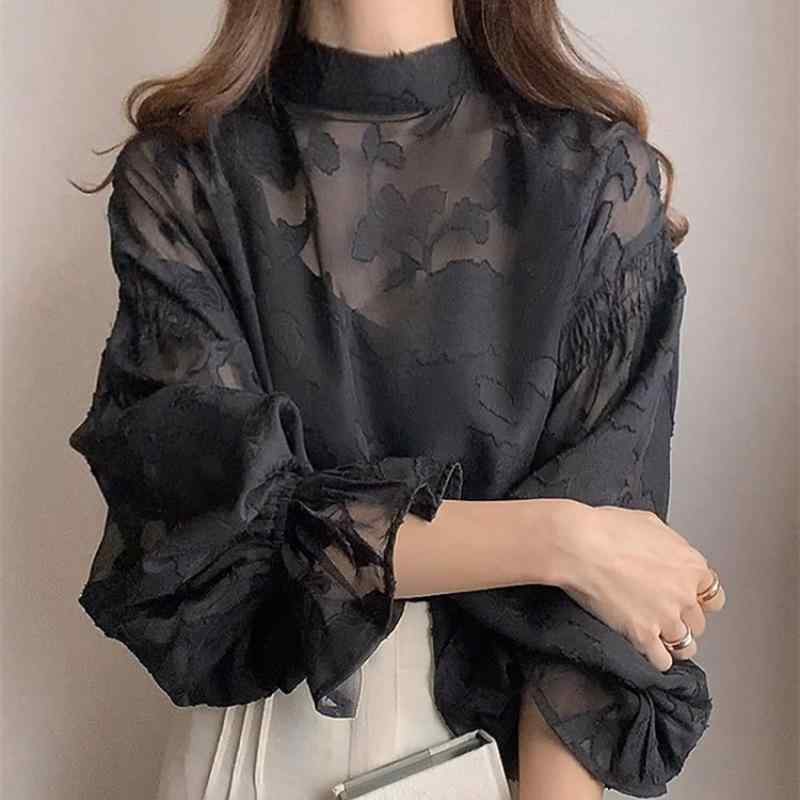 レディース トップス 長袖 インナー シャツ ブラウス レース デザイン 丸首 ポリエステル 再生繊維 セットインスリーブ 修身 シルエッ..