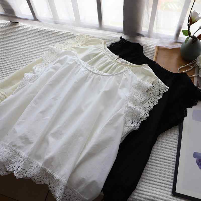 シャツ 女性用 春夏 ラウンドネック 短袖 ふんわり袖 レース 花柄 切り替え 綿 ブラック ホワイト ゆったり トップス 清新 かわいい 吸湿速乾 軽量 基本款 セットインスリーブ 普通丈 純色 甘め 普段使い