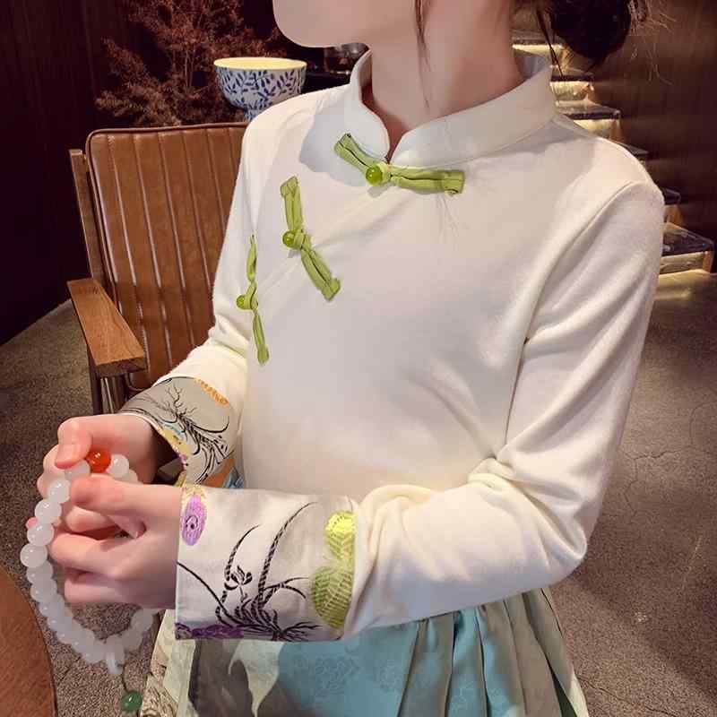 女児 トップス 長袖Tシャツ 中華風 立領 盤ボタン 吸湿速乾 綿混 柔らかい かわいい 純色 秋 春夏 子供服 女の子用 日常使い 通学 軽量 伸縮性 ホワイト グリーン ブラウン