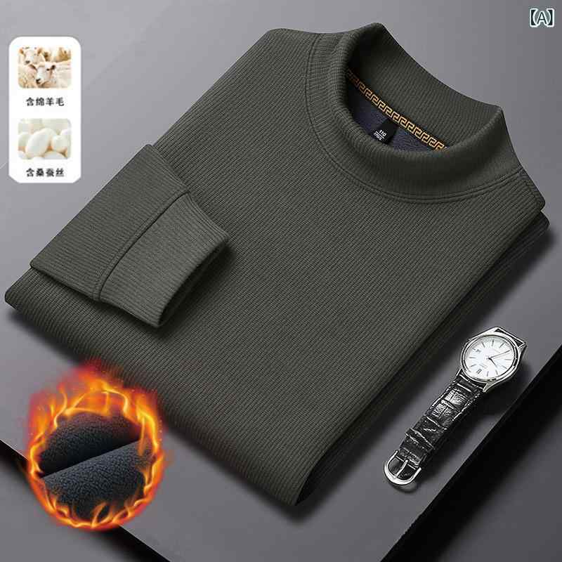 メンズ 長袖Tシャツ 半高領 トップス 秋冬 暖か加绒 厚手 合体型 羊毛混紡 化繊混紡 透気性 吸湿速乾 条紋柄 幾何プリント ロブット底辺 セットインスリーブ グレーグリーン 蛤青 ブラウン レンガ赤 ダークグリーン ブラック アイボリー ベーシック