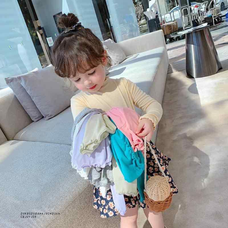 女児 Tシャツ キッズ 女の子 長袖 トップス 春夏 秋 綿 モダール 柔らか素材 花辺 フリル レイヤード インナー 百搭 普段使い かわいい デザイン 白 粉 杏 紫 緑 湖ブルー 90cm 100cm 110cm 120cm 130cm 140cm