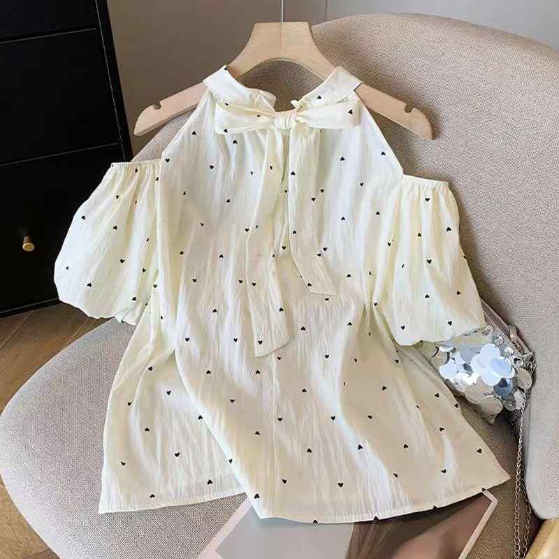 乐天商城 - Tシャツ 女性用 春夏 肩出し ハンギングネック トップス 短袖 泡泡袖 かわいい ポルカドット プリント 白色 軽量 伸縮性 接触冷感 再生繊維 幅広シルエット スリム効果 私服 普段使い スイートスタイル ビッグシルエット スタンドカラー シルク加工