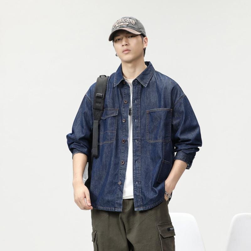 メンズ 春夏 薄手 デニム シャツ 長袖 カジュアル トップス 工装風 開襟 ワイドシルエット 綿混 ポリエステル 再生繊維 色落ち耐性 ライトウェイト ブルー 青年向け 普段使い デイリーウェア