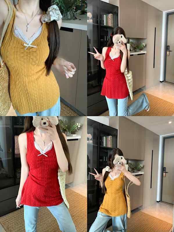 レディース トップス キャミソール レース ニット 背心 シャツ 韓国風 純欲風 少女風 夏季 純色 セットイン セーター 気質 通勤 スタイル Aライン 普通丈 立体 デザイン ポリエステル 素材 微弾性 シングル ストラップ セクシー 赤 黄色 スリ