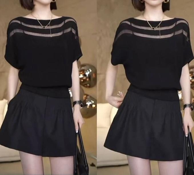 乐天商城 - レディース ニットトップス 接触冷感 ニットTシャツ 女性用 ボートネック 袖なし 蝙蝠袖 切り抜きデザイン 黒 春夏 軽量 通勤 普段使い 伸縮性 吸湿速乾 普通丈 セットアップ 私服 御姐風 シングルアイテム 中厚 ユニセックス ブラック ネットヤー