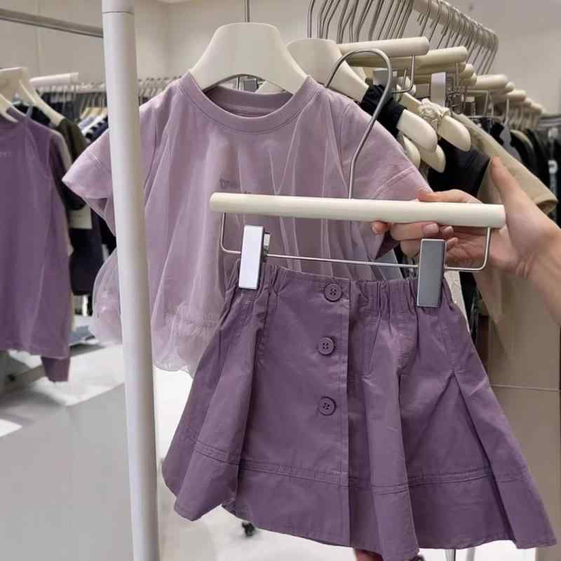 女児 セットアップ 春夏 キッズ 女の子 服装 かわいい 薄手 綿素材 柔らかい 接触冷感 紫色 雪紡 トップス 半身スカート 短袖 無地 チ..