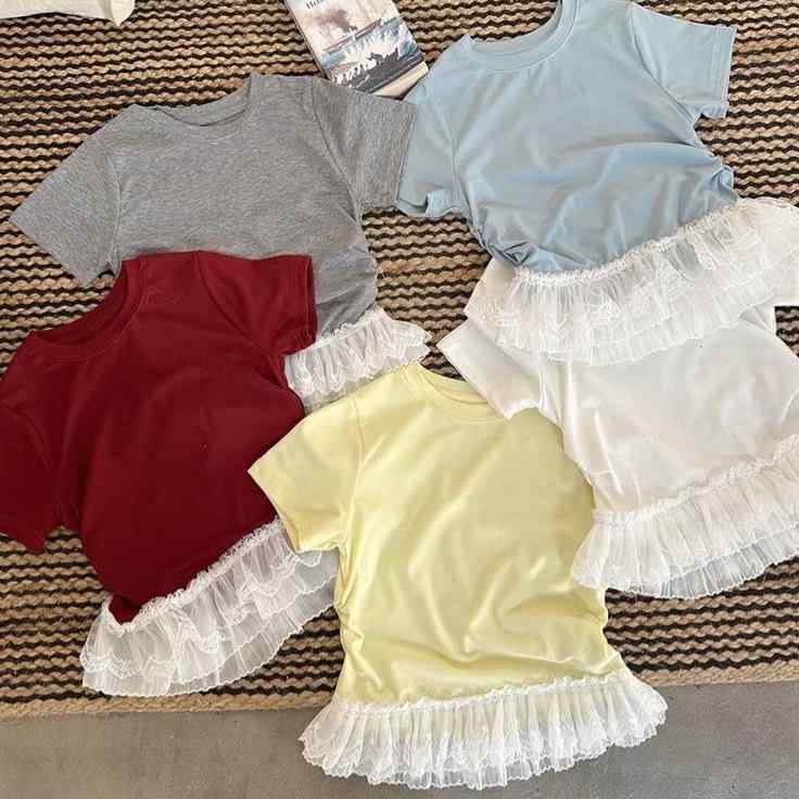 女の子 トップス 短袖 夏服 綿素材 吸湿速乾 柔軟 接触冷感 丸首 切り替え ピンク系 アイボリー グレー ブルー イエロー かわいい レース 花辺 網纱 プリンセス ストリート 普段使い 伸縮性 軽量 通年 子供服 ベビー 女児 幼児 ジュニア 1-