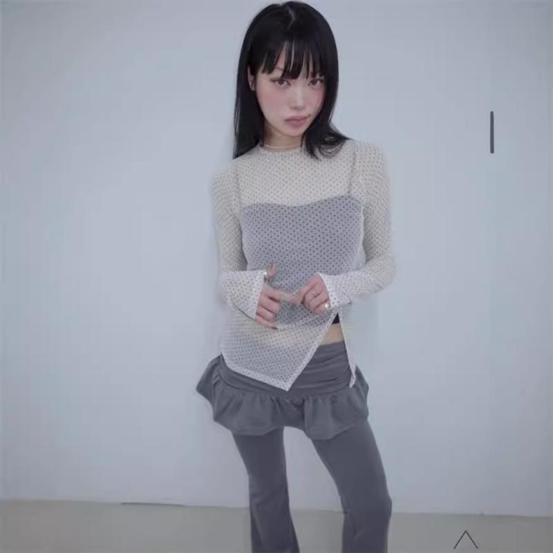 トップス レディース 秋 長袖 ラウンドネック ドット柄 網纱 切り替え サイドスリット 修身シルエット 接触冷感 吸湿速乾 米白色 ブラック 普段使い インナー セットアップ コットン混 伸縮性 軽量 通勤 カジュアル