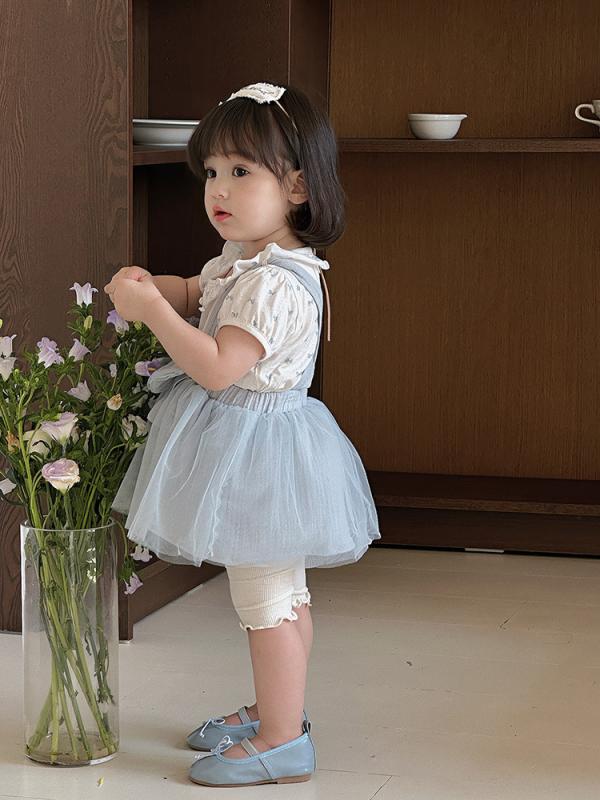 女児 吊りスカート セット 夏用 ベビー トップス プリンセス スカート かわいい 2点セット 綿 素材 柔らか 薄手 短袖 網ヤーン 装飾 ネット スカート ブルー ピンク ベージュ カラーバリエーション 通気性 肌触り 良い 日常 遊び着 1-3歳