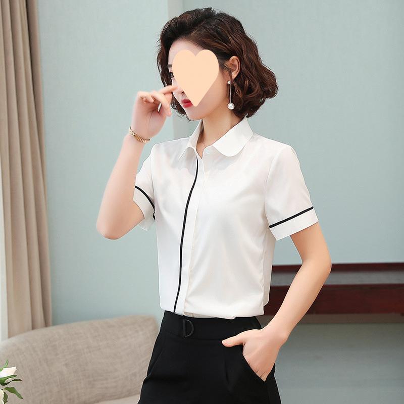 Other - 白 シャツ 女性用 短袖 職業 通勤用 修身 スリムフィット 韓流スタイル トップス ポリエステル 雪纺素材 軽量 通気性 基本款 Aライン スタンドカラー ポップカラーデザイン 都市風 単排ボタン プラスサイズ対応