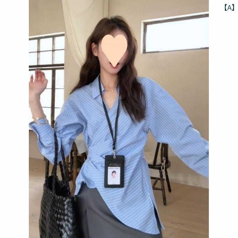Other - レディース 長袖 シャツ 通勤用 気質 早春 春夏 条紋 ブルー 斜肩 切り替え サイド ストリング ウエスト クロス デザイン 小翻領 トップス 綿混 軽量 伸縮性 吸湿速乾 ハイネック ビッグシルエット 普段使い ビジネス カジュアル