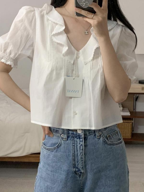 乐天商城 - シャツ 女性用 夏 綿 Vネック フリル 短袖 韓国風 ゆったり 短丈 レース 切り替え 純色 ホワイト トップス 軽量 吸湿速乾 ゆったりシルエット 日常使い 爽やか カジュアル