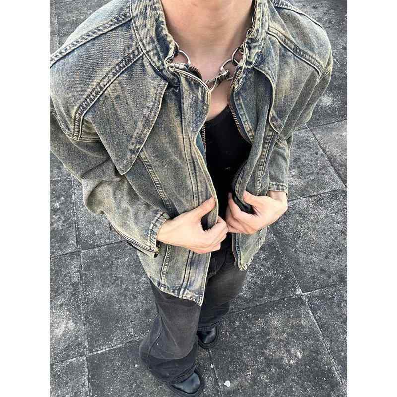 メンズ ジャケット 牛仔 立領 ブルー ワイドシルエット ジップアップ ロングスリーブ コットン ミックス ヴィンテージ 風合い ゆったり フィット 春秋 シーズン 日常 使い デイリー ウェア ストリート スタイル カジュアル トップス レイヤード 可