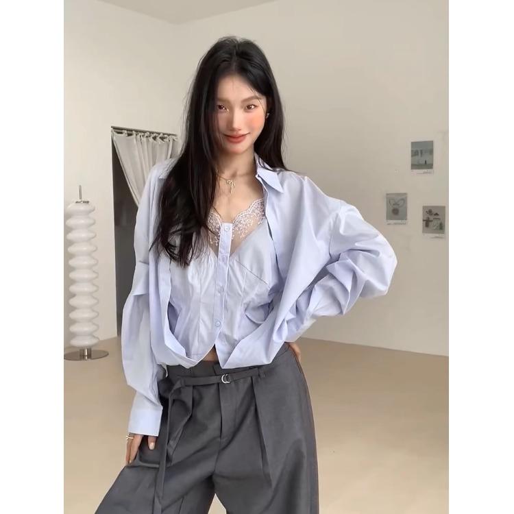 Shirts, T-Shirts - 長袖 シャツ 女性用 韓国風 レース 切り替え 偽ツーピース ブルー 純欲風 ゆったり デザイン 絶美 トップス ポリエステル レース 素材 固色 パターン 普通丈 ポロ 襟 通常 袖 私服 名媛 スタイル 御姐風 セットアップ インナー レイヤード ラ