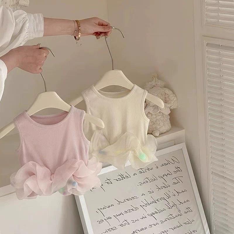 女児 トップス 無袖Tシャツ 女の子 夏用 3〜8歳 100〜140cm かわいい ピンク アイボリー 綿素材 柔らかい 丸首 丸襟 花辺 網状 毛玉 アクセント ピュアカラー ピンク系 米白色 接触冷感 吸湿速乾 軽量 通気性 日常着 部屋着 遊び着