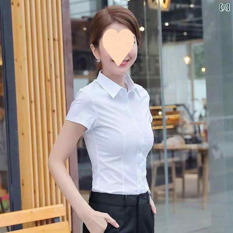 レディース 短袖 シャツ トップス 収腰 修身 職業 通勤用 気質 方領 ブラウス 白色 ブラック ブルー ピンク 綿 軽量 伸縮性 普段使い シンプル デザイン