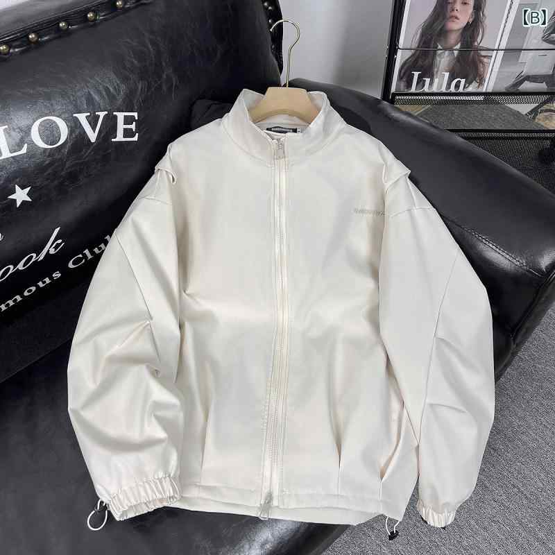 ジャケット メンズ ユニセックス 立襟 ゆったり 機能性 コットン混紡 ポリエステル 長袖 ジップアップ 無地 サイドポケット 直裾 春秋 黒 杏色 カジュアル アウトドア 普段使い 軽量 通勤 休日 レイヤード ストリート モード ビンテージ スタイリ