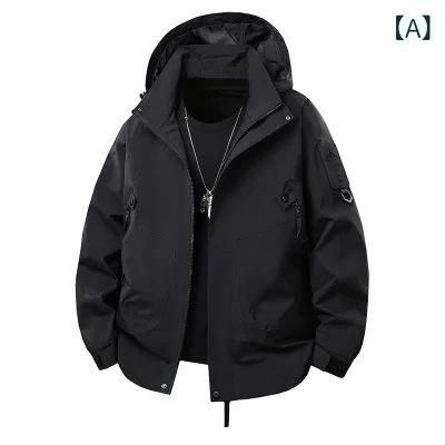 ジャケット メンズ レディース 連帽 工装風 防風 防水 透気 登山 ハイキング アウトドア 長袖 立襟 ラバー ポリエステル 100% ゆったり ワイド 直裾 ジップポケット 切り替え ジップ 装飾 春秋 秋冬 ユニセックス 休閑 青年 日常 長さ 5