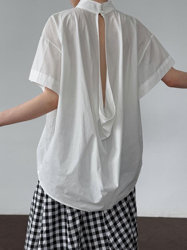 Rakuten - シャツ レディース 夏 接触冷感 綿 素材 短袖 立領 後背 镂空 デザイン ワイド シルエット セットイン スリーブ ソリッド カラー ホワイト ブラック ブルー ライトウェイト ゆったり フィット 日常 カジュアル トップス 韓国 スタイル ルーズ