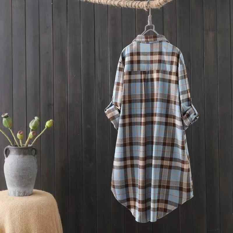 シャツ レディース 中長丈 チェック柄 長袖 ブラウス 韓国風 ワイドシルエット スリム効果 ゆったり スタンドカラー ドロップショルダー 切り替え ポケット ボタン 気質 通勤 都市スタイル ブルー イエロー 織布素材 軽量 春夏 秋冬