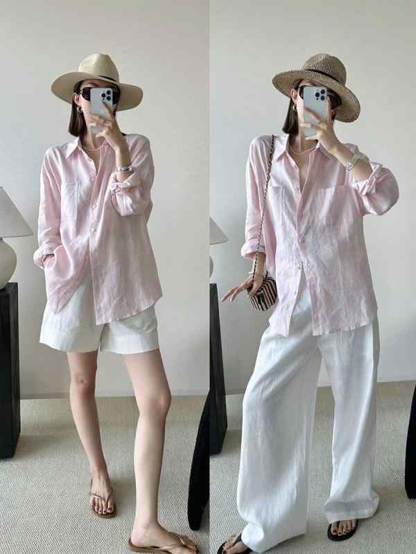 シャツ 女性用 淡いピンク 長袖 綿麻 ゆったり 気質 基本款 翻領 単排扣 日韓休闲 接触冷感 吸湿速乾 軽量 通勤 普段使い 部屋着 ビッグシルエット Vネック 春夏