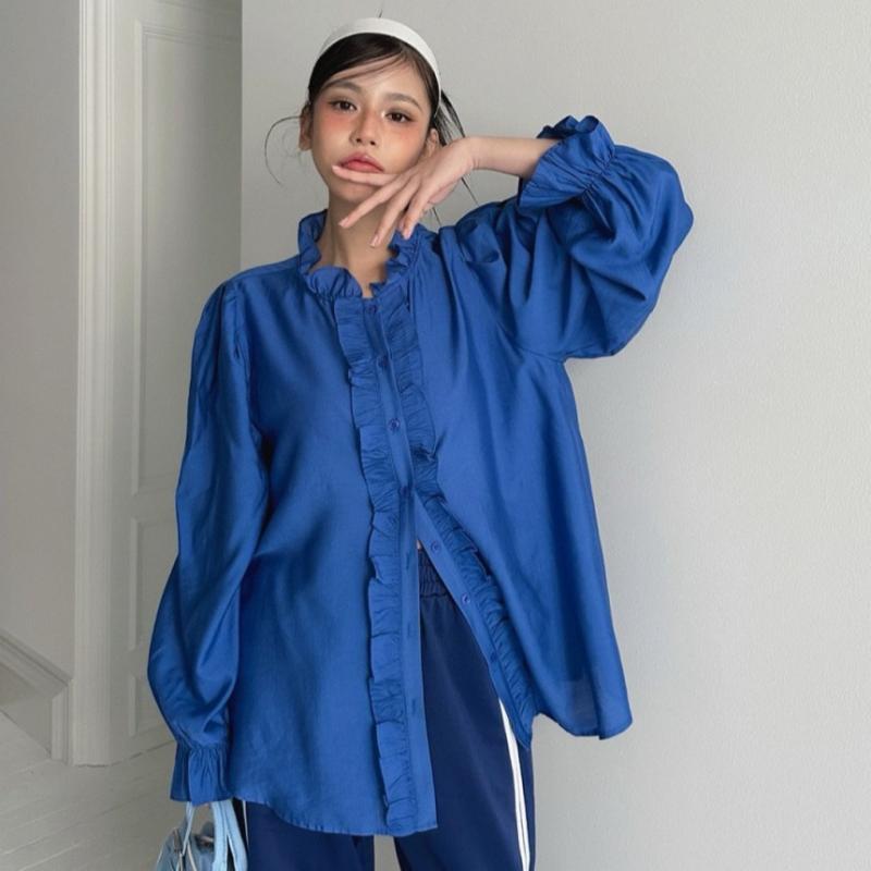 Other - レディース シャツ トップス 綿 素材 接触冷感 花柄レース 領 デザイン ゆったり シルエット ランファン 袖 長袖 切り替え デザイン 中長丈 単排 ボタン 開襟 ブルー ブラック ホワイト 春夏 気質 優雅 フレンチ スタイル ゆったり フィット