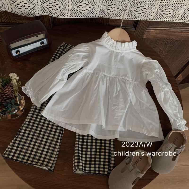女児 秋服 セット 立襟 ブラウス 綿 白 修身 チェック フレアパンツ 長袖 九分丈 柔らか素材 3〜8歳 100〜140cm トップス ボトムス 子供服 通学 普段使い 快適 軽量 伸縮性 純色 普通厚(4.0)