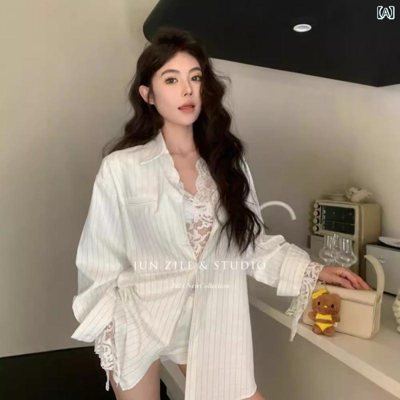 レディース トップス セット 春夏 韓系 ゆったり かわいい Vネック レース インナー 条紋 シャツ 長袖 綿 素材 吸湿速乾 防晒 修身 セクシー 切り替え デザイン 快適 日常使い