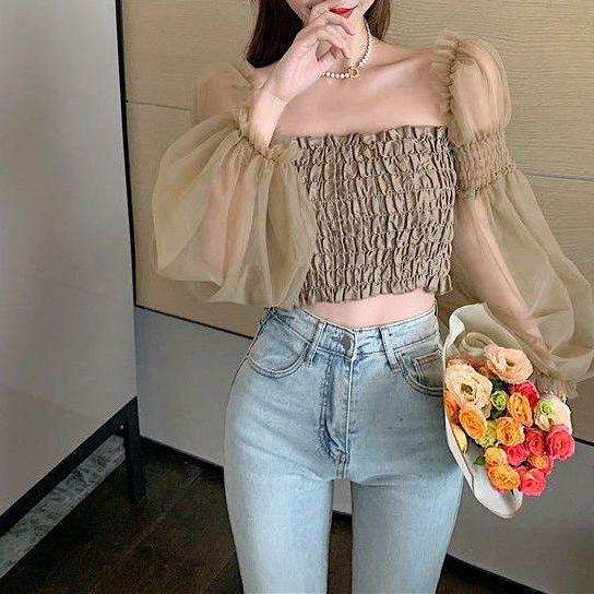 シャツ 女性用 春夏 甘辛 デザイン 韓国風 レース 切り替え 肩出し 短め 長袖 トップス 修身 ワンショルダー プチプチ フレア 接触冷感 再生繊維 ストレッチ 軽量 吸湿速乾 ベージュ カーキ 私服 セレブ スタイル 御姐 風