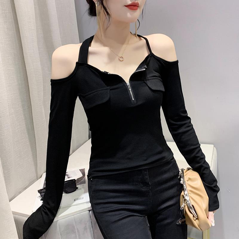 Tシャツ 女性用 秋冬 長袖 肩出し 一字領 韓国風 修身 スリム かわいい ファッション トップス セットアップ 切り替え セットインスリーブ ポケット ジッパー 立体装飾 バックストラップ 透け感 バックオープン ブラック ホワイト カーキ コットン