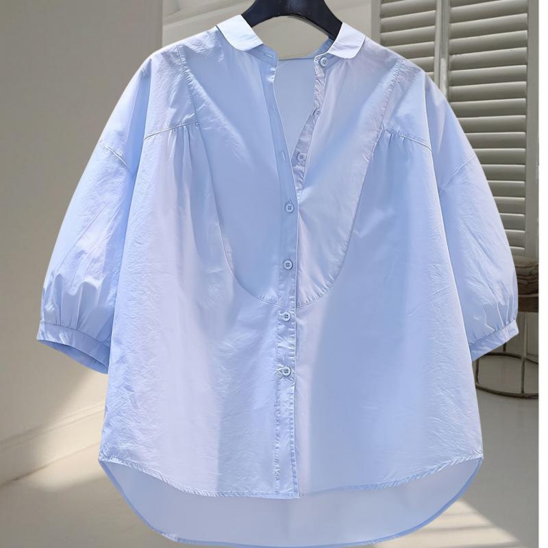 シャツ 七分袖 スタンドカラー ランタンスリーブ 女性用 ポリエステル 接触冷感 軽量 通勤用 普段使い 気質 都市風 気質優雅 ゆったり..