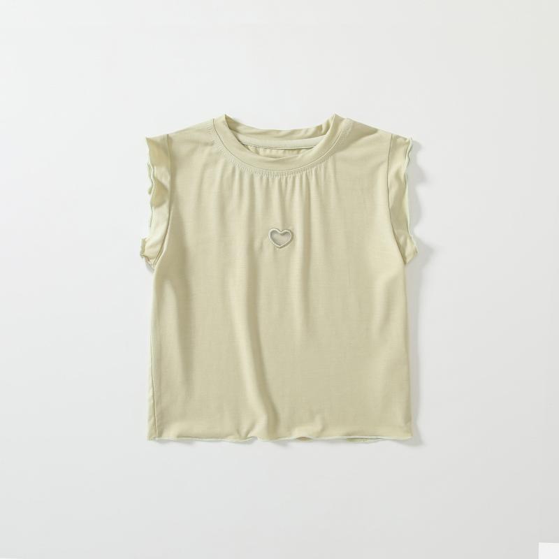 ベビー 女の子 トップス 無袖 背心 夏用 抗菌 接触冷感 切り替え ハート柄 透気性 柔軟 綿混 ピンク 紫 パステルグリーン アイボリー かわいい プリンセス風 田園 カジュアル 部屋着 外出着 伸縮性 軽量