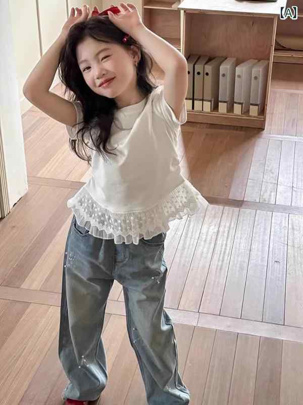 女の子 トップス 夏服 半袖 Tシャツ かわいい 親子 お揃い 綿素材 吸湿速乾 柔らかい 丸首 レース 花柄 純色 米白 120cm 130cm 140cm 150cm 160cm 170cm 3〜8歳 8歳以上 韓国風 田園 プリンセス メッシュ ト
