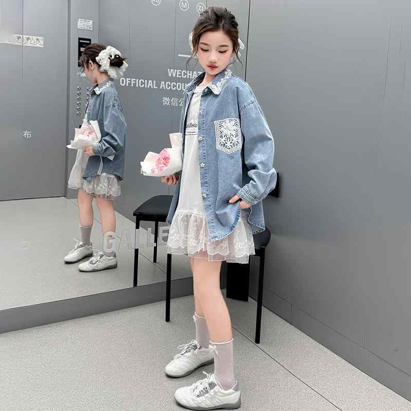 女児 トップス セット 牛仔 シャツ ジャケット 長袖 短袖 切り替え レース 蝶結び チュール 綿素材 柔らかい コットン デニム 韓国風 スタンドカラー アルファベット柄 春夏 秋 通学 普段使い かわいい スタイリッシュ 120cm 130cm 1
