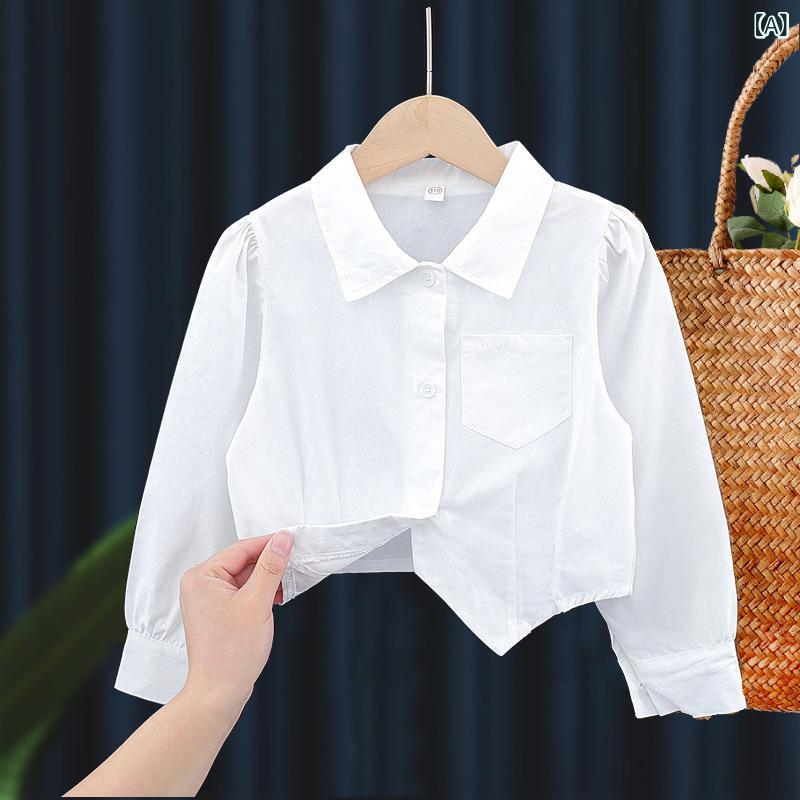 キッズ 女の子 立領 花辺 長袖 シャツ トップス 綿 100% 春秋 学校服 演奏用 白色 純棉 接触冷感 軽量 伸縮性 日常使い 室内着 通学用