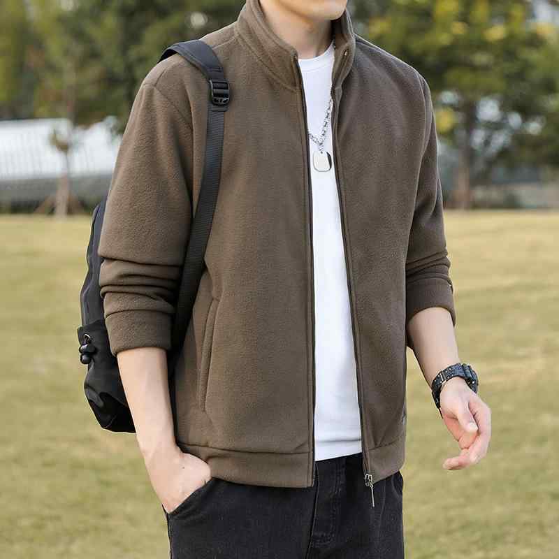 メンズ 秋冬 ジャケット 男性用 合体型 立領 長袖 厚手 ポリエステル混紡 裏地付き ラッキーアイテム ラズベリーフリース 暖か 軽量 吸湿速乾 外出着 普段使い 直下摆 ジップポケット 黒 グレー ブラウン 合体シルエット ストレッチ 防寒 秋冬 レ