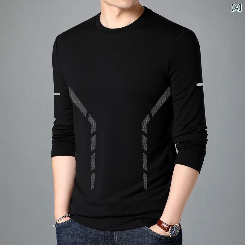 乐天商城 - メンズ 長袖 Tシャツ トップス 秋冬 インナー 打底 韓バージョン インスピレーション プリント ロゴ プリント ゆったり ルーズフィット 伸縮性 弾力 化繊混紡 ポリエステル 耐摩耗 免アイロン 処理 幾何学 模様 プリント デザイン 純色 ブラック