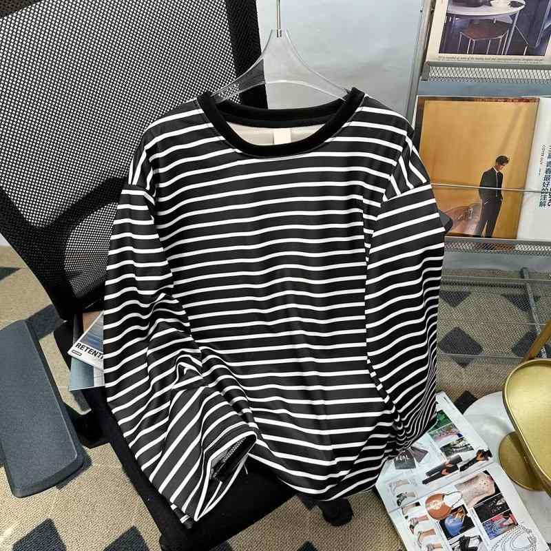 Tシャツ メンズ 長袖 条紋柄 ゆったりシルエット コットン混紡 耐摩耗 黒 白 春季 トップス ユニセックス カジュアル 学生服 日常使い 伸縮性 軽量 吸湿速乾 セットアップ ベースレイヤー ストリートファッション レイヤード