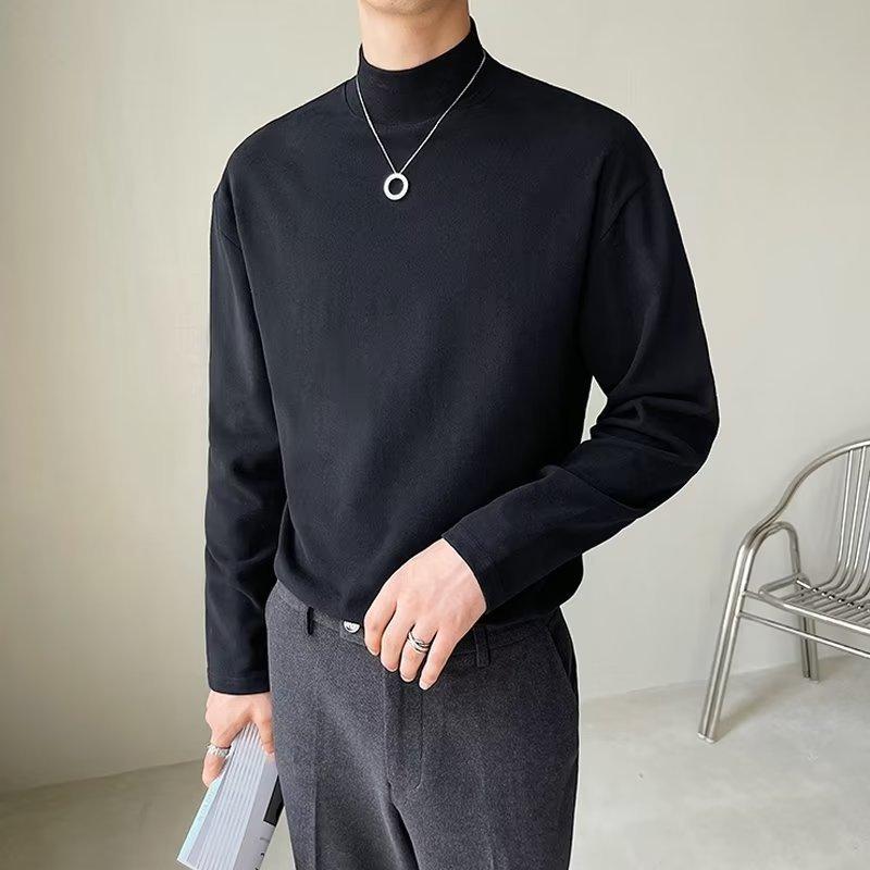Tシャツ メンズ 秋 長袖 半高領 トップス インナー 修身 純色 ワイドシルエット ポリエステル混紡 抗菌加工 白色 ブラック 秋冬 普段使い レイヤード 伸縮性 軽量 ゆったりフィット ユニセックス 青年向け 韓国風 カジュアル レイヤリング インナ
