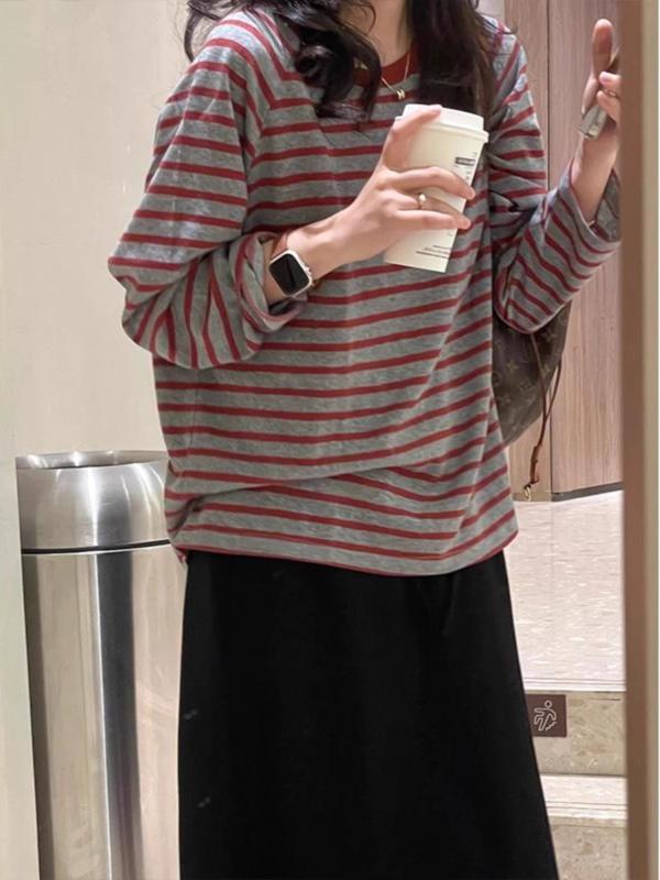 Tシャツ レディース 長袖 条紋 トップス 春秋 春夏 赤 丸首 ゆったり 薄手 ファッション カジュアル インナー 少女 甘い 清新 レイヨン 粘着繊維 切り替え ミドルレングス 普段使い 軽量 吸湿速乾 ビッグシルエット