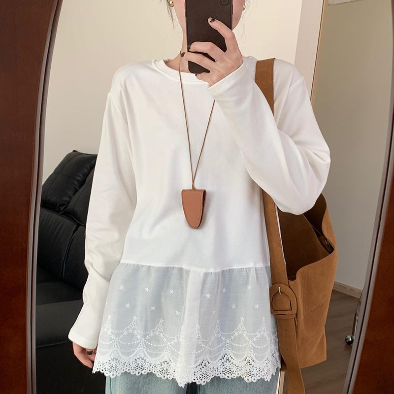 Other - Tシャツ 女性用 レース 切り替え ゆったり 開き 花辺 白 長袖 春夏 中長丈 丸首 プリンセス袖 接触冷感 ストレッチ 吸湿速乾 私服 御姐風 百搭 スリム トップス レイヤード