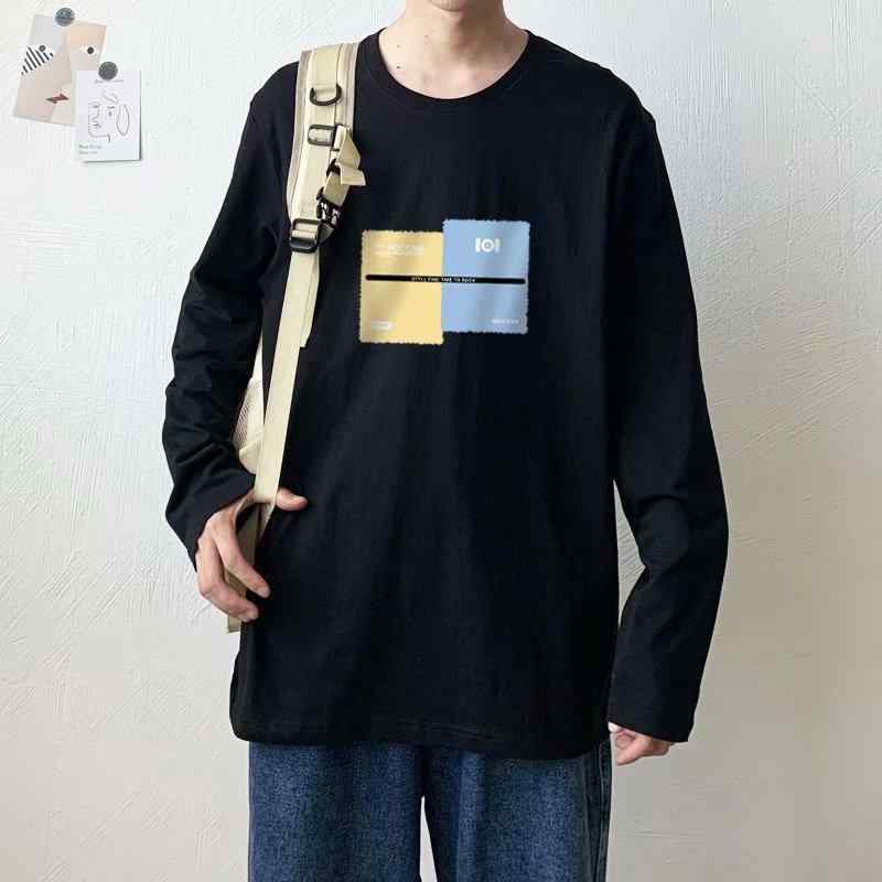 メンズ 長袖Tシャツ 韓国風 トレンド プリント トップス ルーズフィット コットン混紡 抗菌 接触冷感 無地 幾何学柄 丸首 セットイン 日常使い 春夏 秋冬 メンズカジュアルウェア ライトウェイト 青少年向け ブラック グレー グリーン ホワイト