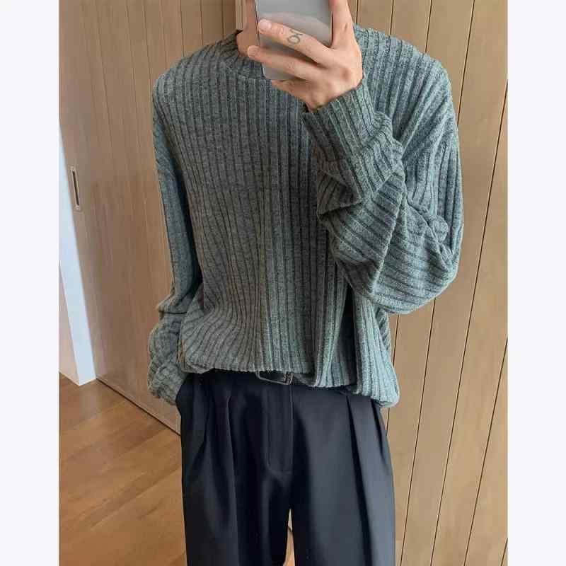 Other - メンズ ニット セーター 韓風 スウェット トップス 長袖 丸首 セットインスリーブ ワイドシルエット 縦ストライプ 起毛加工 ポリエステル グレー グリーン 春秋 秋冬 軽量 伸縮性 吸湿速乾 カジュアル 普段使い アウトドア 通勤