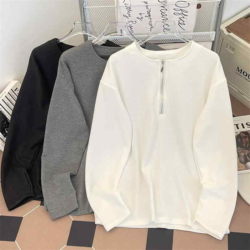 メンズ Tシャツ 長袖 半ファスナー ワッフル トップス ラウンドネック ゆったりシルエット コットン混紡 ポリエステル 純色 グレー ブラック ホワイト 耐久性 春夏 秋 休日着 部屋着 インナー レイヤード 軽量 伸縮性 吸湿速乾 免アイロン