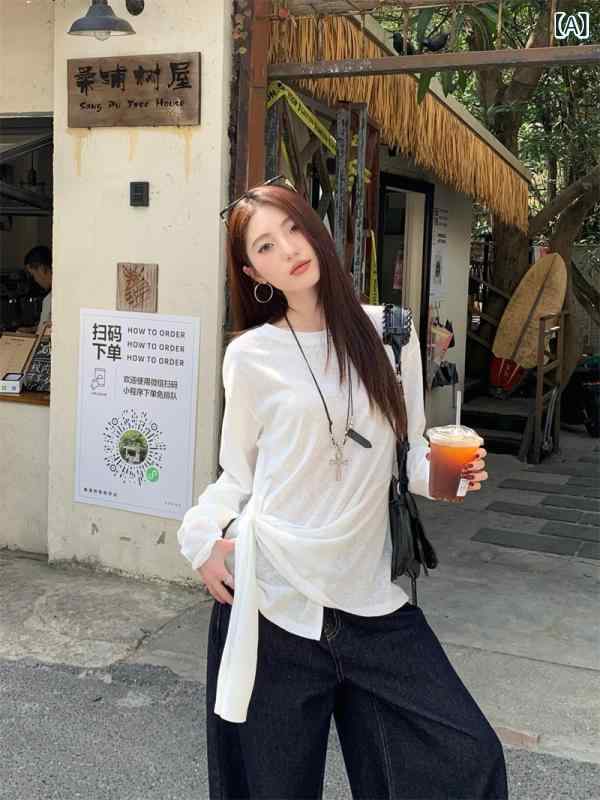 Other - Tシャツ 女性用 韓国風 デザイン 長袖 綿 ストレッチ 3D立体柄 セットイン シルク加工 スリムフィット 中長丈 丸首 ゆったり ファッション トップス 慵懒スタイル 白 春夏 薄手 外出着 私服