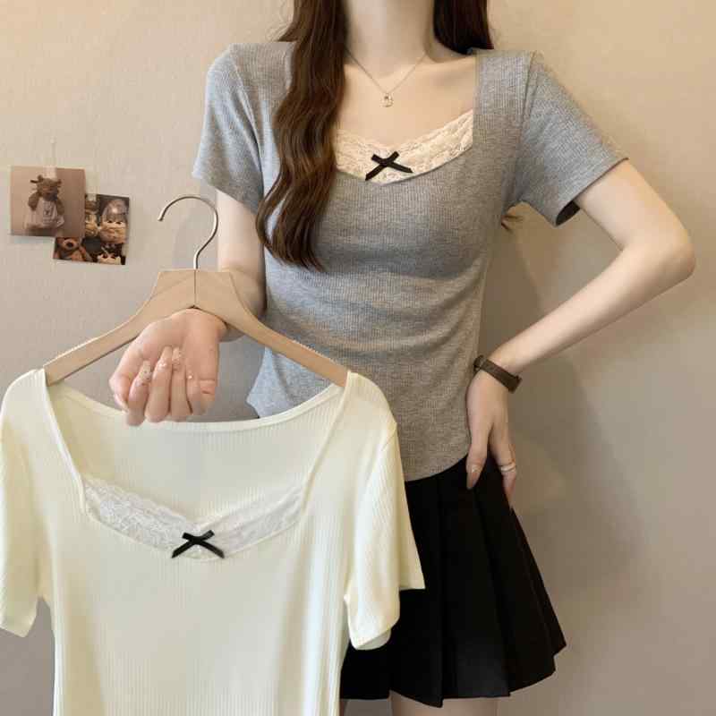 Tシャツ 女性用 春夏 修身 短袖 方領 切り替え レース リボン 接触冷感 伸縮性 吸湿速乾 私服 かわいい ピンク系 グレー 軽量 トップス インナー 普段使い